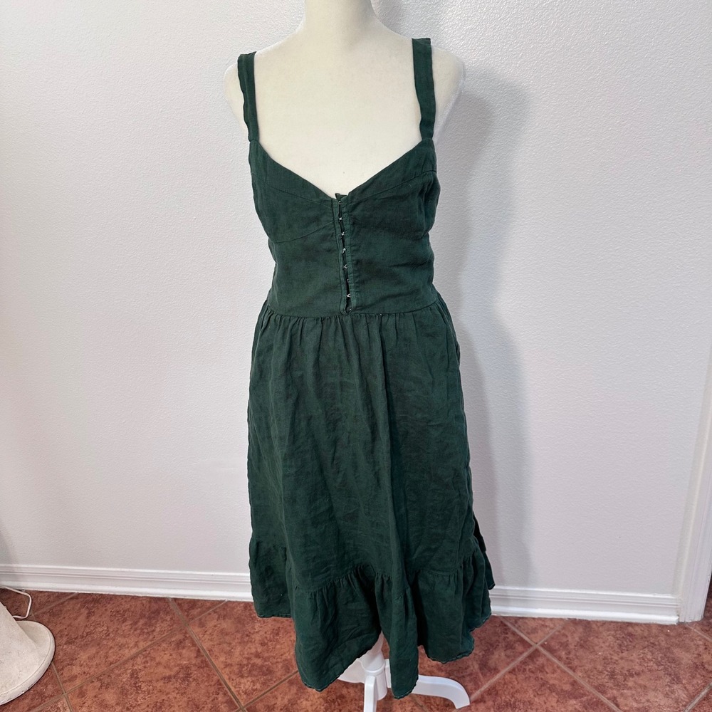 Reformation Linen Hook Front Boho Natural Fiber Tiered Midi Dress Women 10 Green